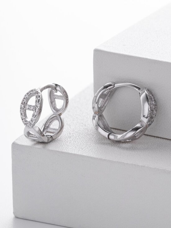 Mariner Link Huggie Style Earrings - 18k White Gold Plated Sterling Silver - Picture 4 of 7